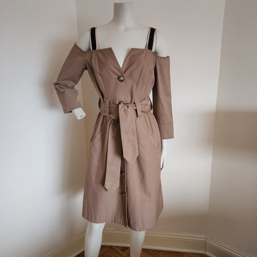 Never Been Worn Reformation Off-Shoulder Belted Trench Dress in Khaki